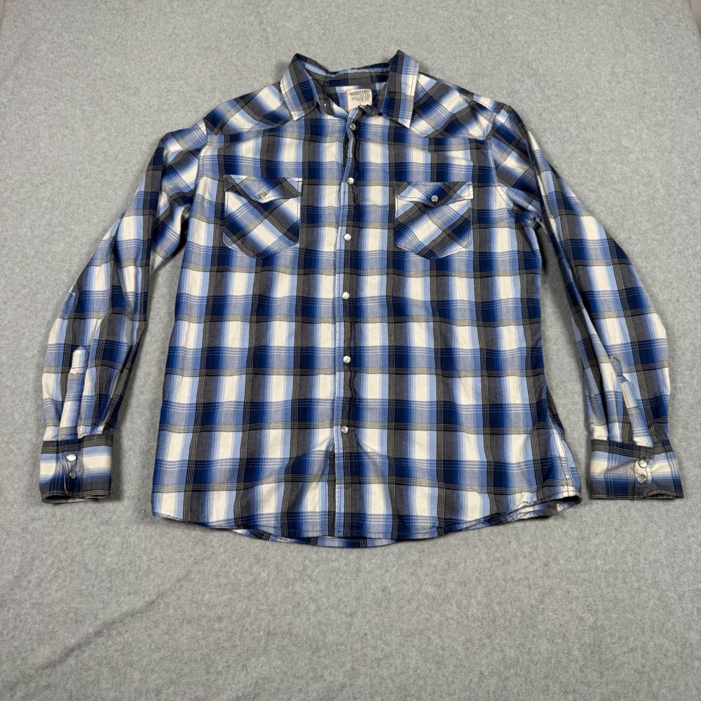 Mossimo Supply Co Mens Large Blue Plaid Western Pearl Snap Shirt Athletic Fit L